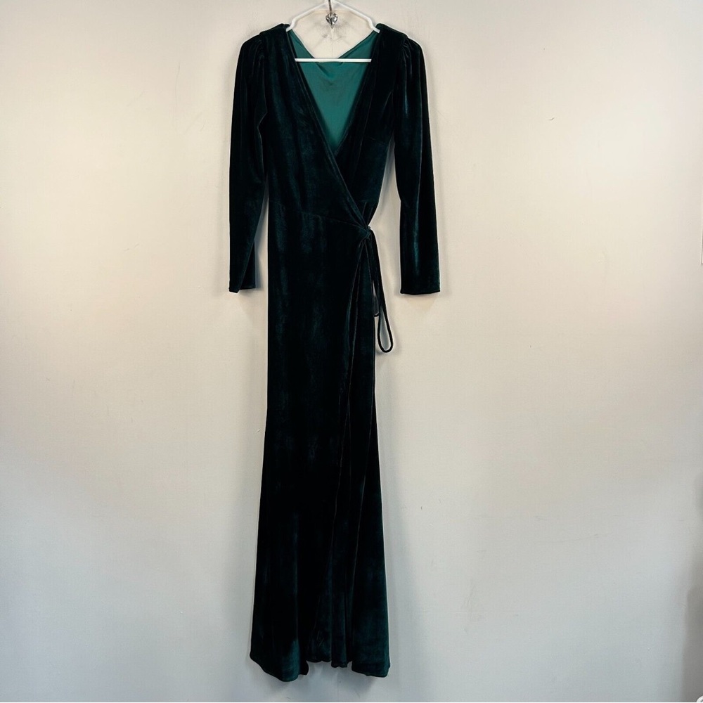 Green velvet bridesmaid dress. Wrap style.